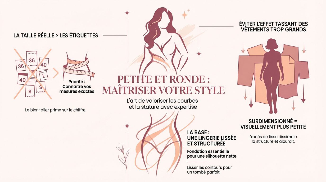 Femme petite et ronde portant une tenue ajustée et élégante qui valorise sa silhouette